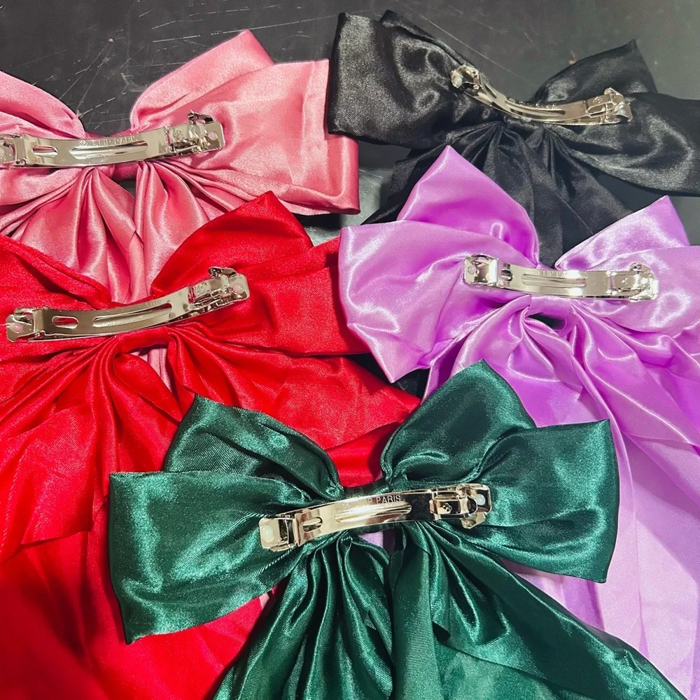 5-Piece Large Satin Hair Bow Barrette Set Colorful Girls Women NWT